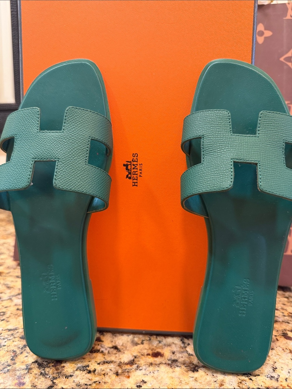 Hermes Teal Green Oran Leather Slide Sandals